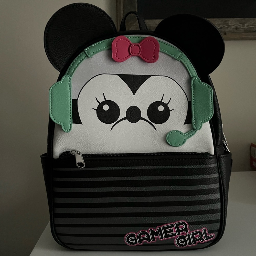 Disney Loungefly Gamer Girl Minnie Mouse Black Mini Leather Backpack Bag